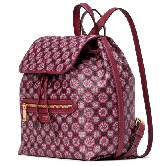 New Kate Spade Flower Monogram Coated Canvas Medium Backpack Garnet Rose Multi